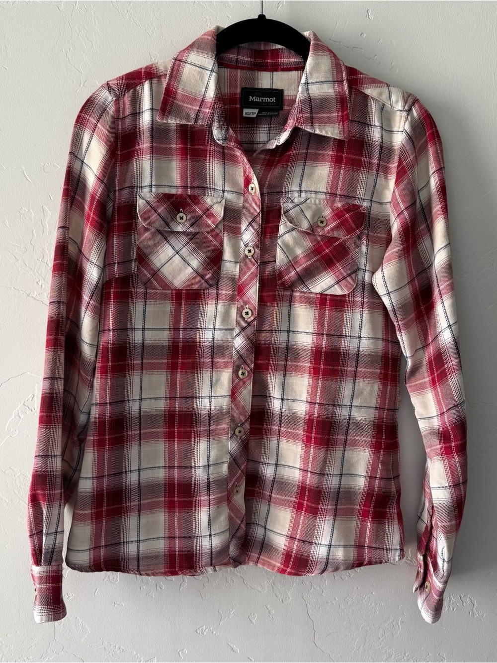 Marmot Flannel Shirt Plaid Women’s Long Sleeve Red White Button Up Cabincore XS